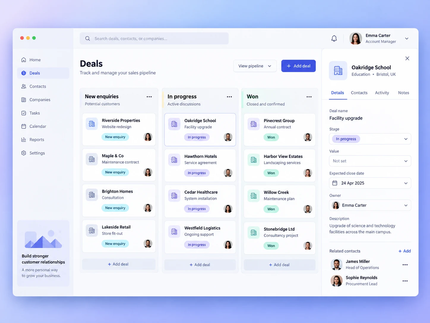 Illustrative sales CRM with deal stages and a customer record