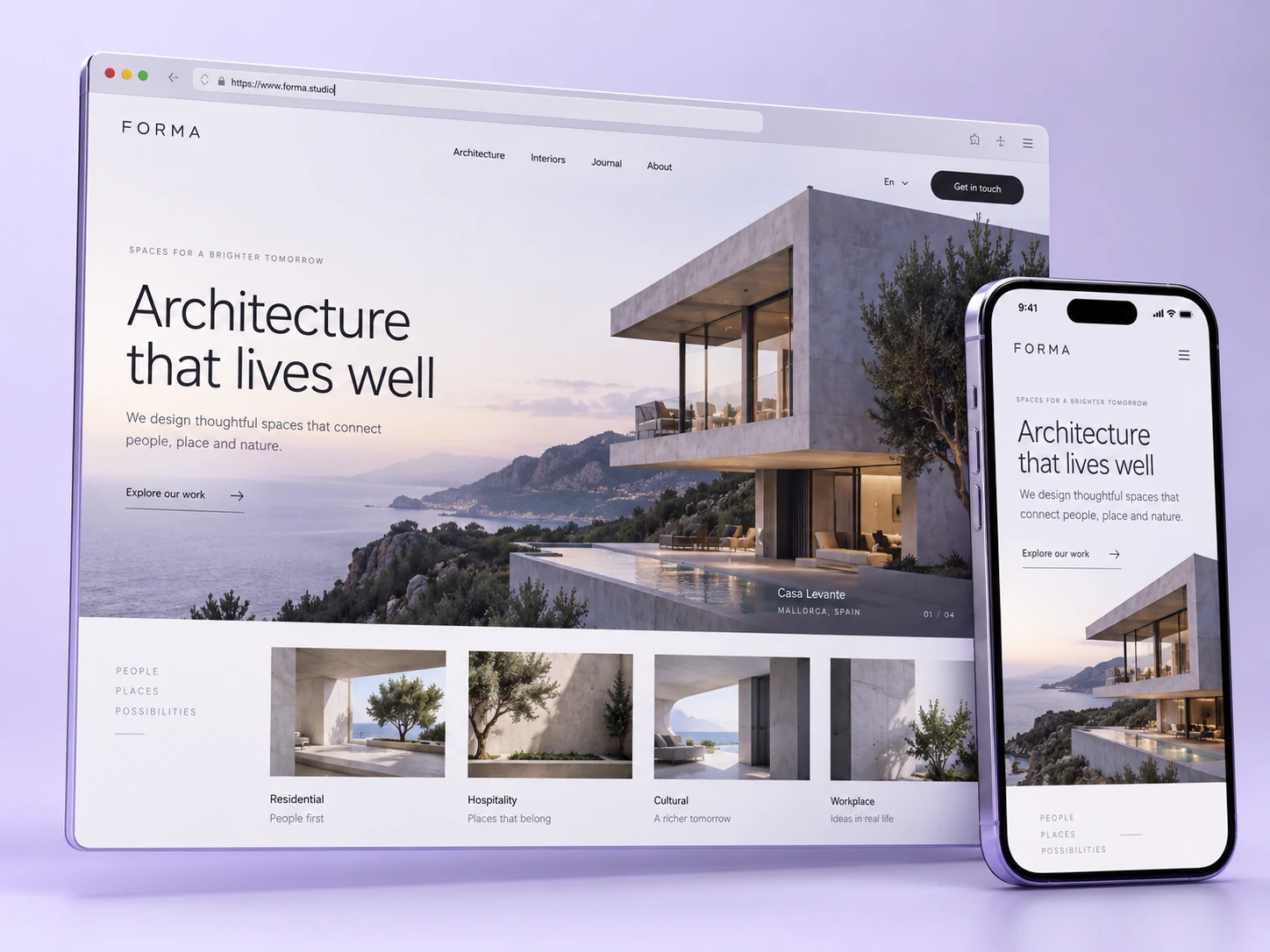 Architecture website concept shown on desktop and mobile
