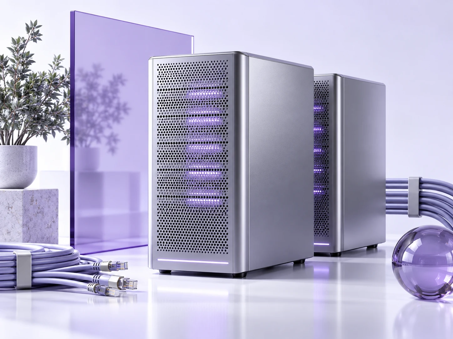 Silver server towers with violet glass and network cables