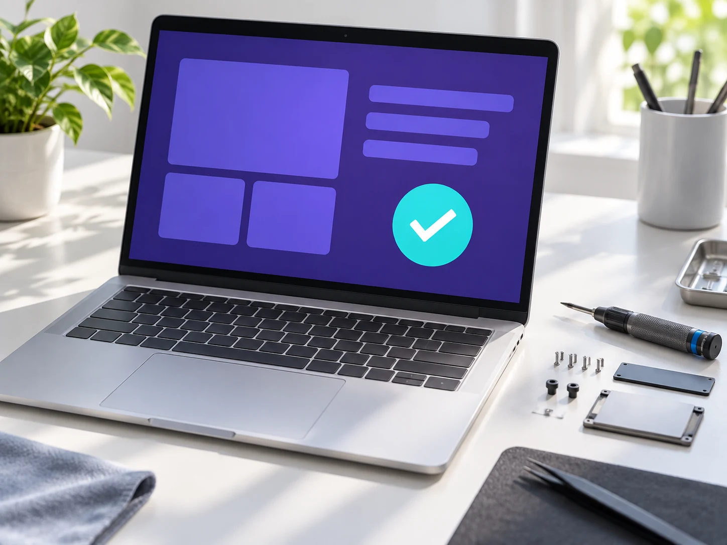 Laptop with an abstract website and a cyan check mark beside precision tools
