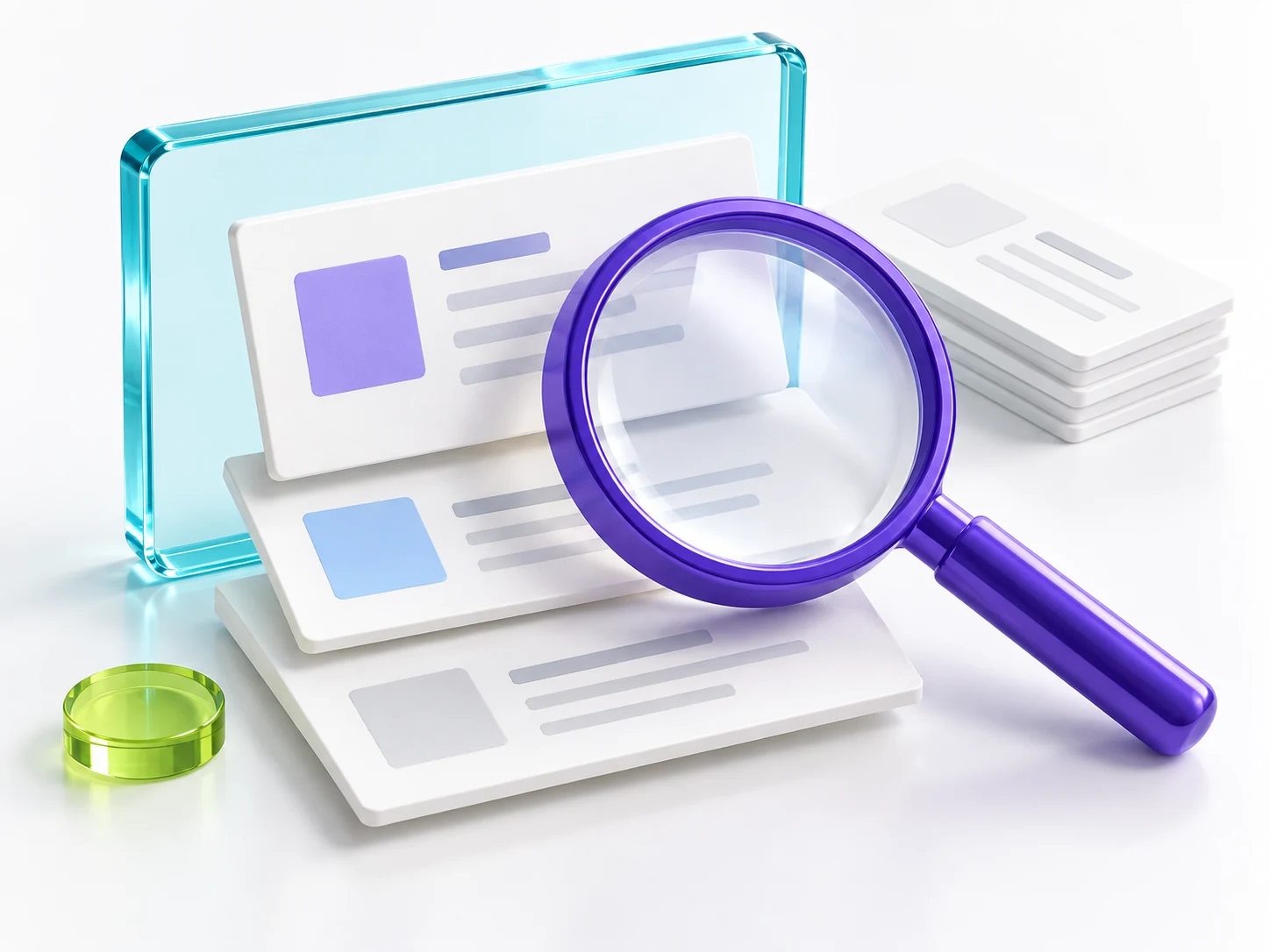 A violet magnifying glass over layered search cards and a cyan frame