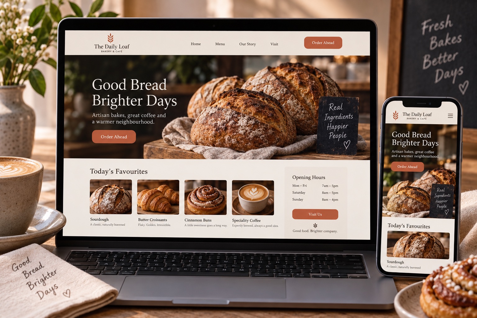 Responsive artisan bakery and cafe website concept on laptop and mobile