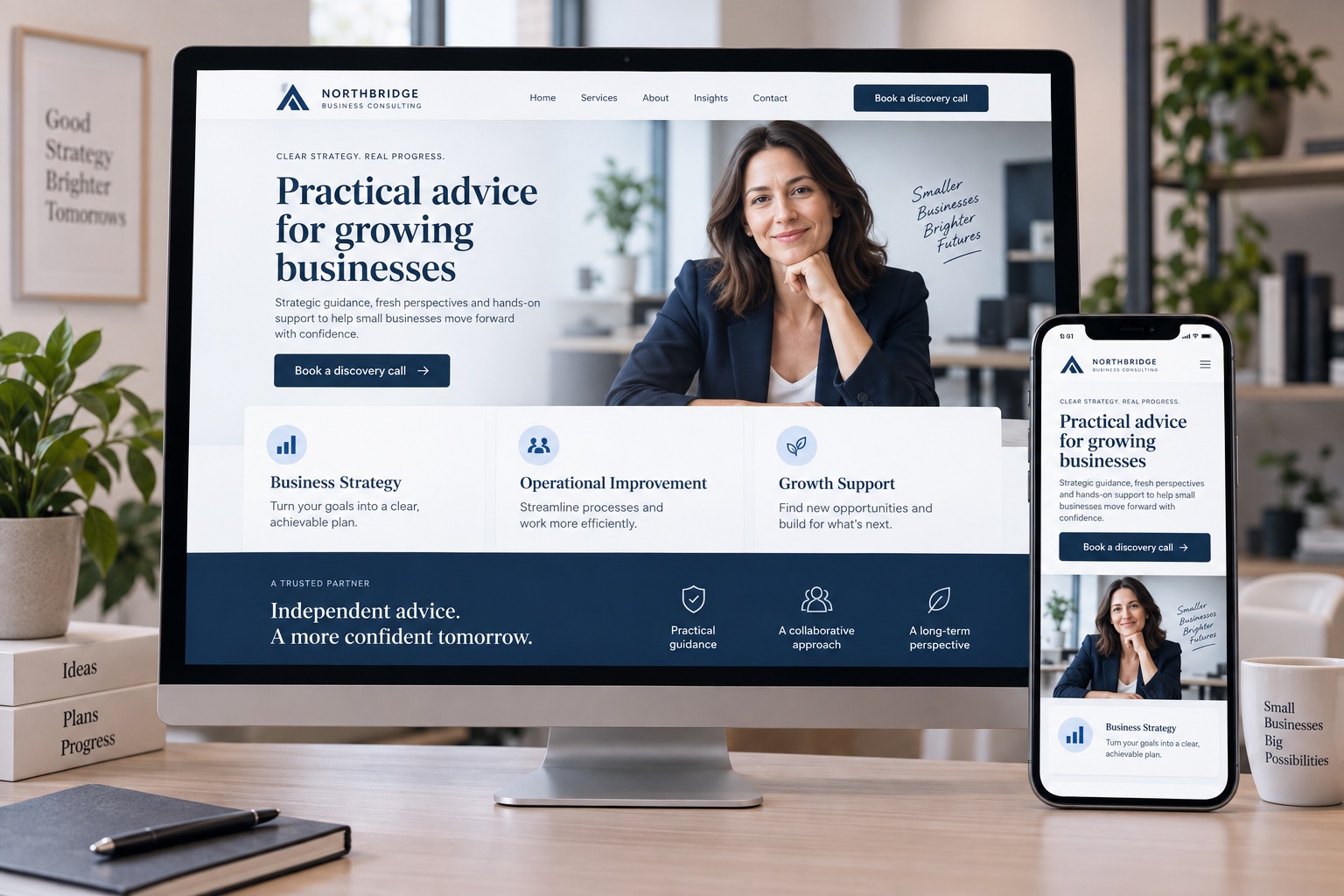 Responsive small business consultant website concept on desktop and mobile
