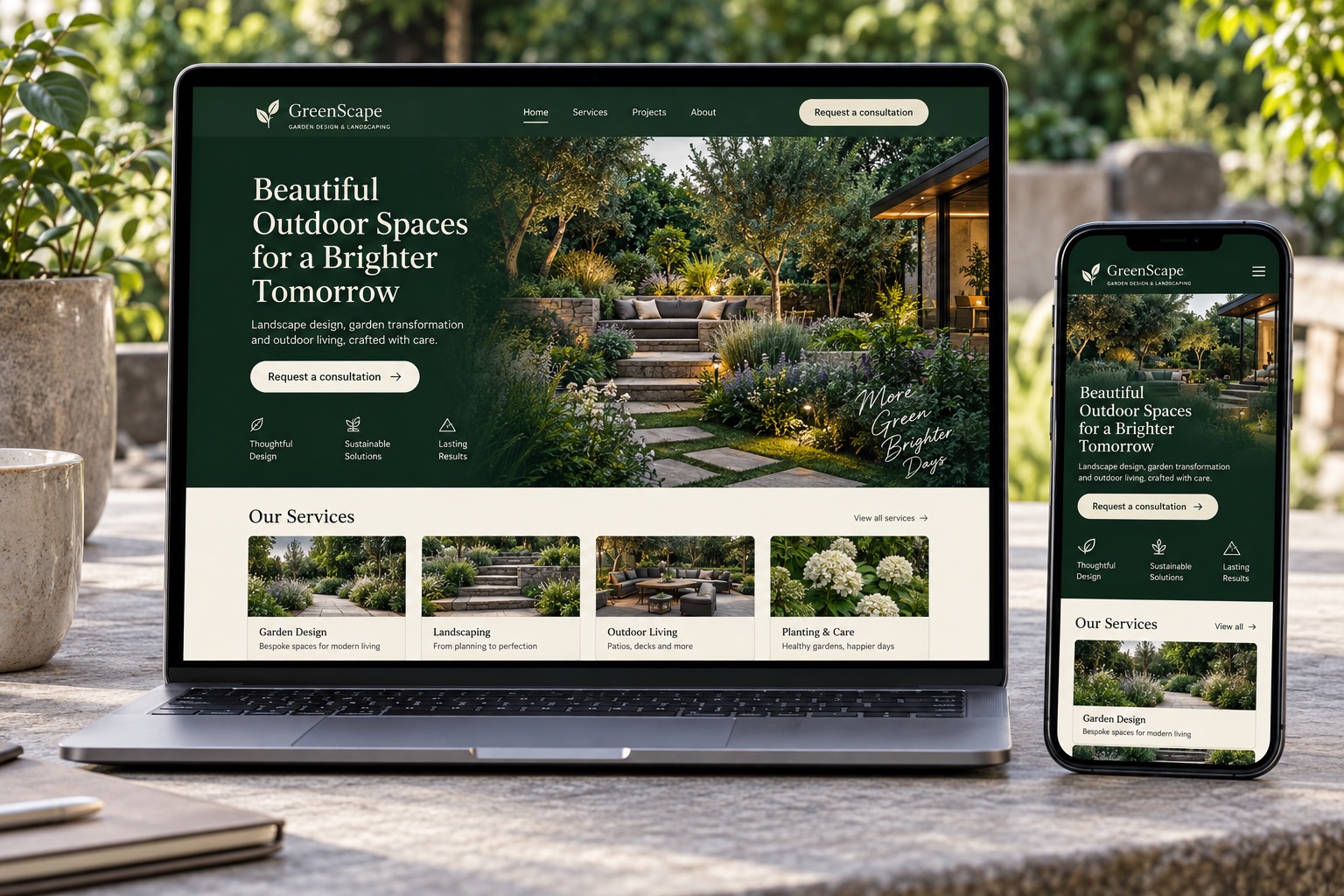 Responsive landscaping and garden design website concept on laptop and mobile