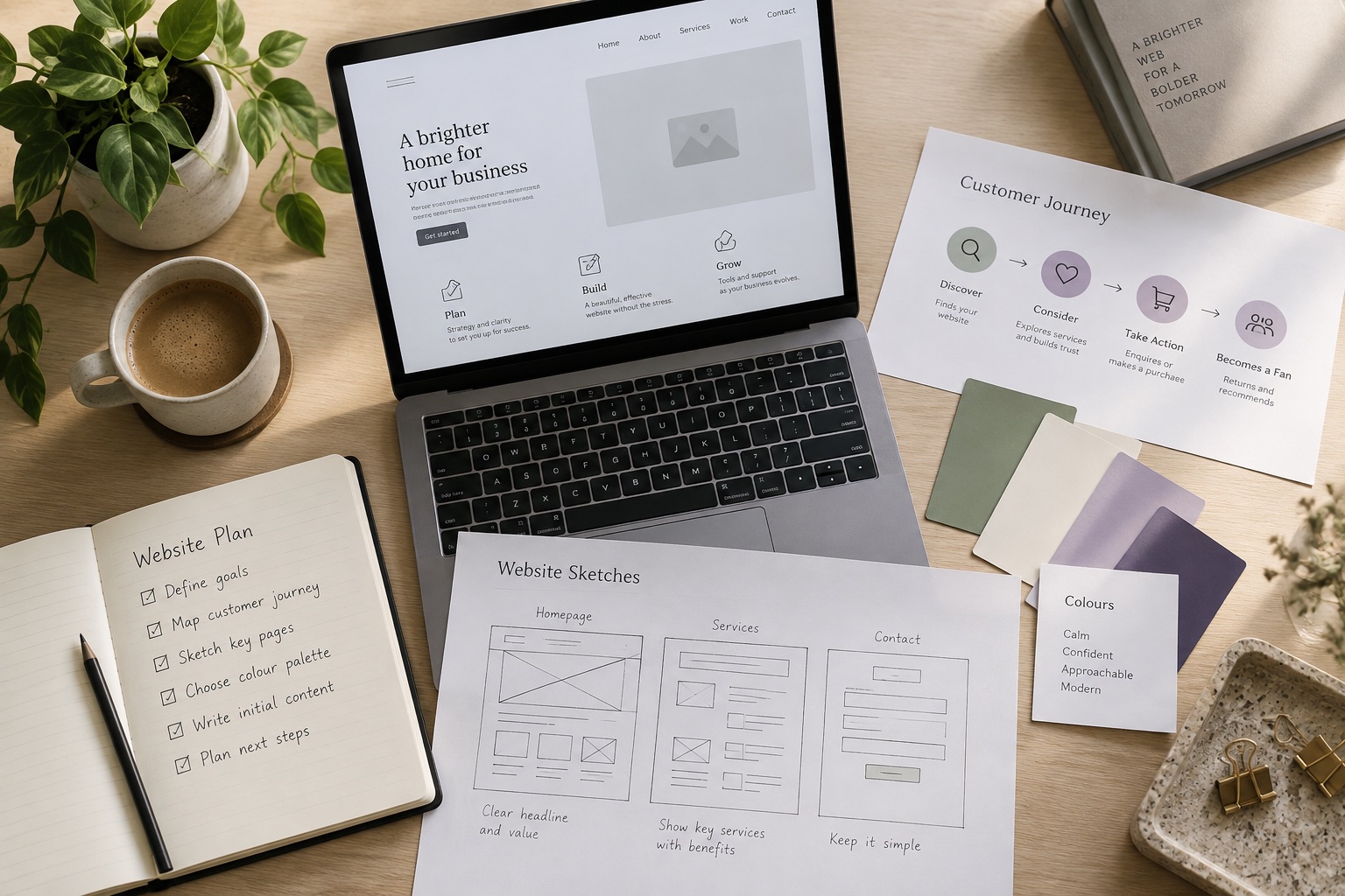 Small business website planning with wireframes, customer journey notes and colour choices