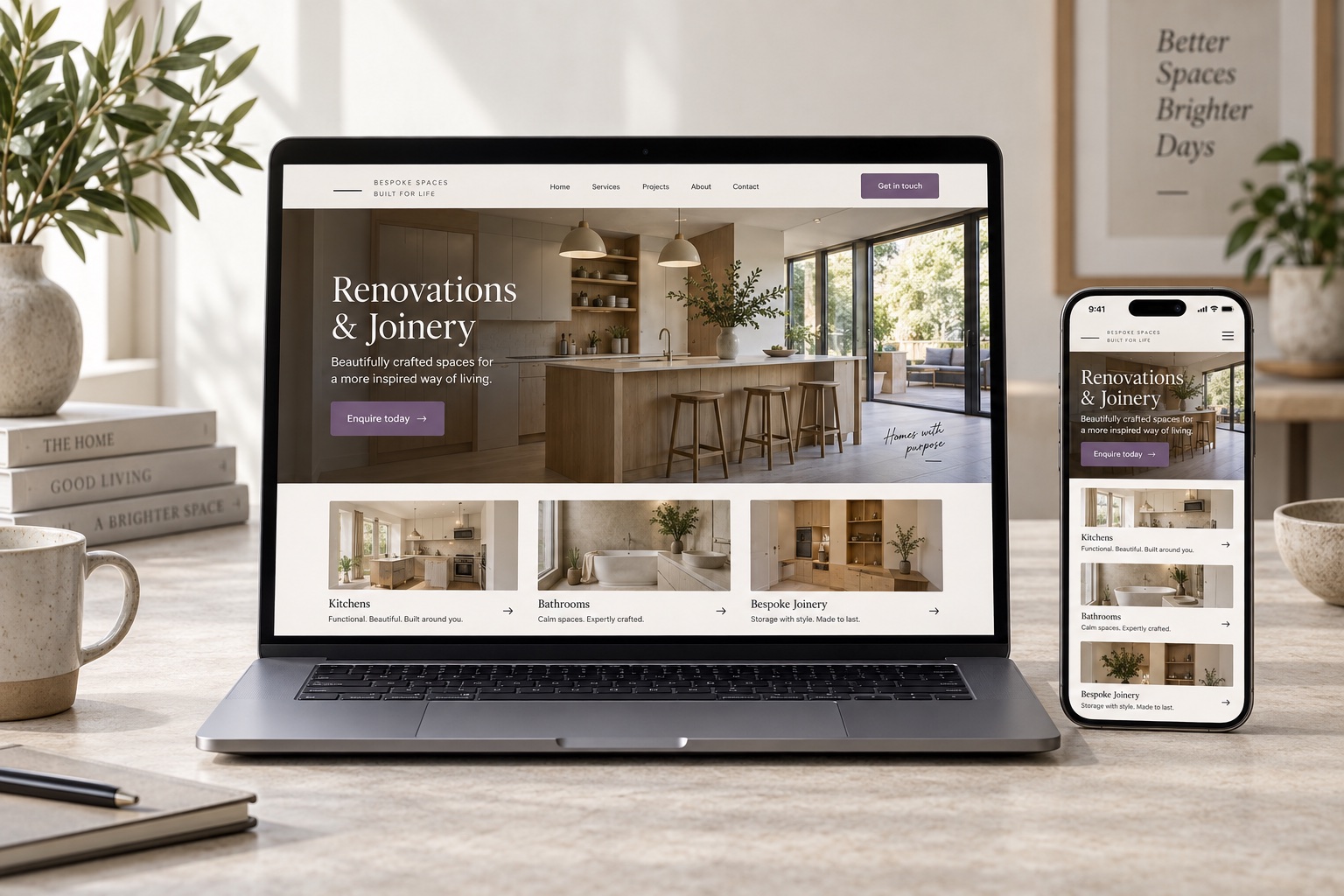 Responsive small business renovation website displayed on a laptop and fully visible mobile phone
