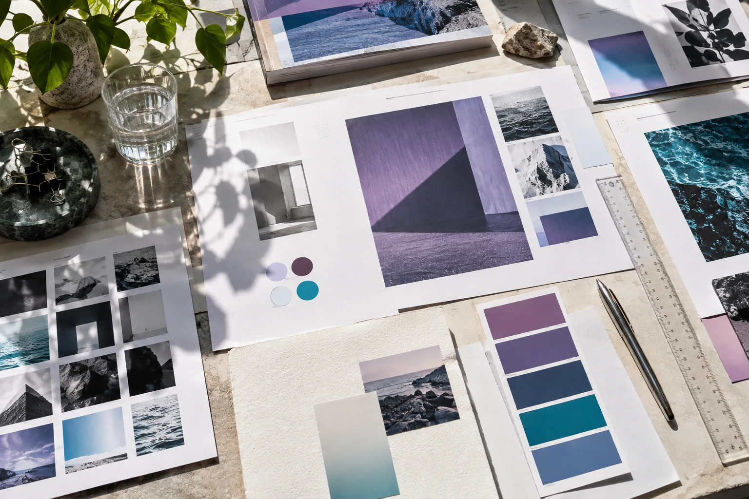 Creative worktable with layout studies, photography and brand colour samples