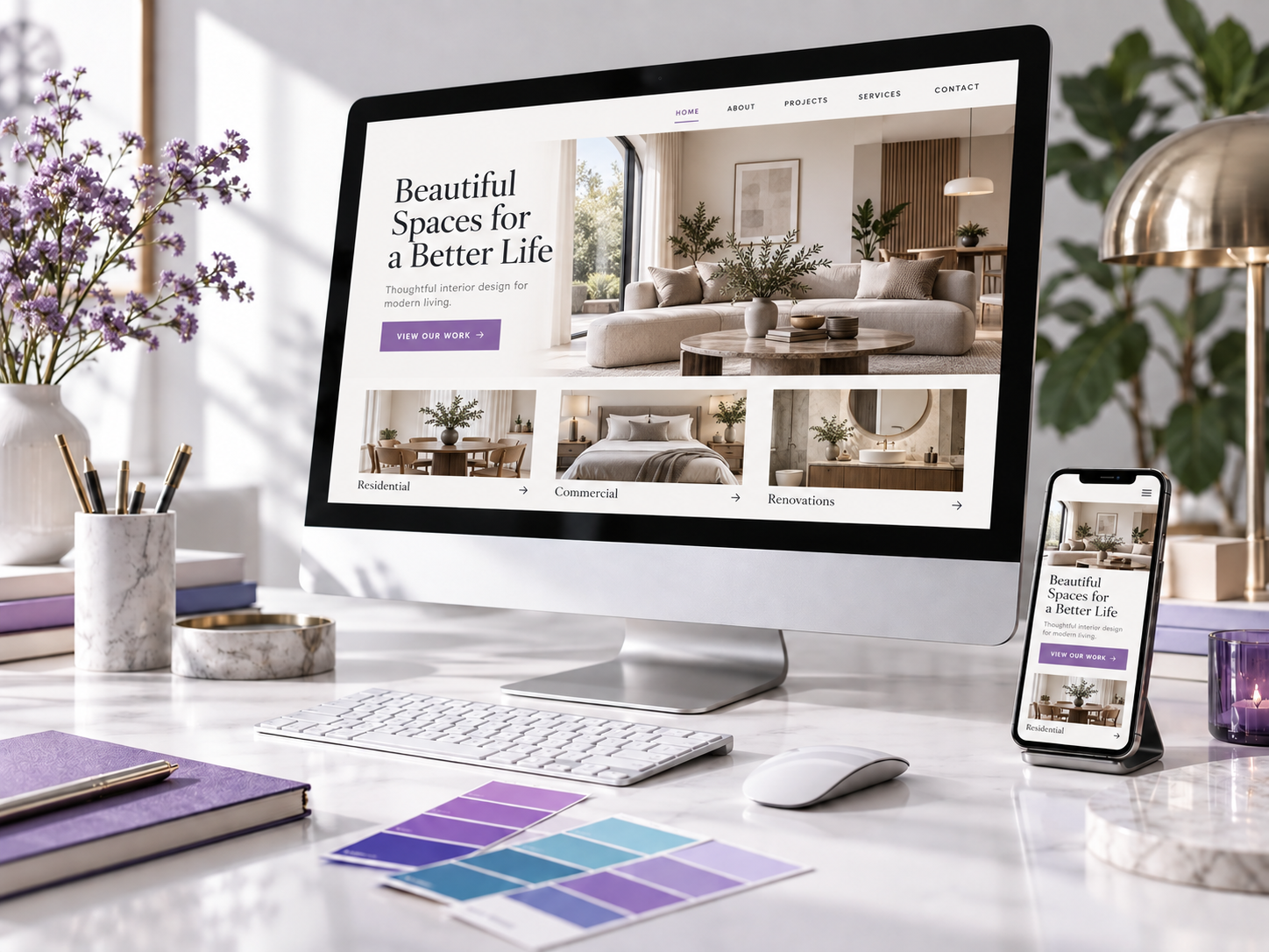 Elegant interior design website displayed on a desktop screen and phone