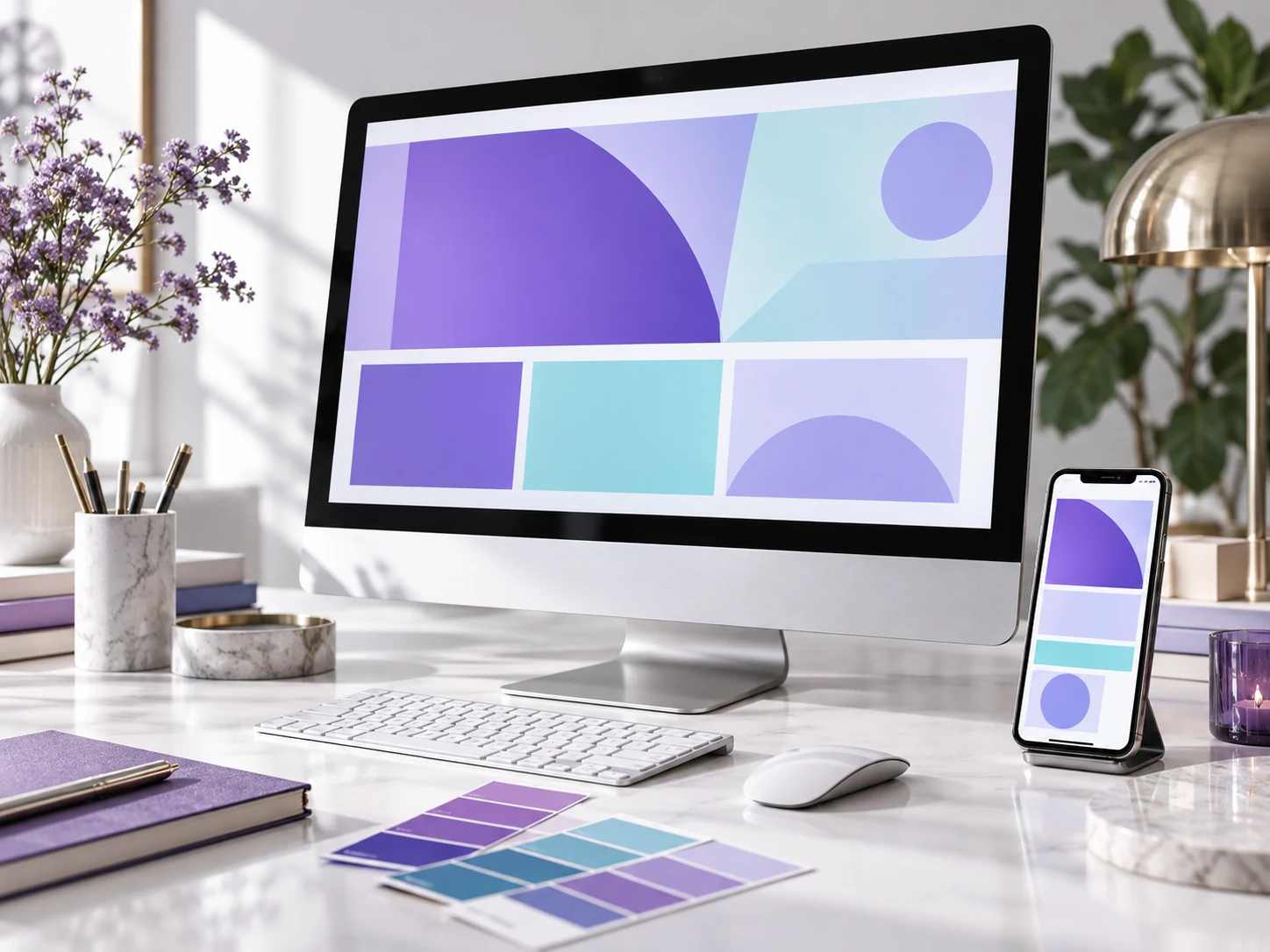 Desktop and mobile design workspace with violet and cyan layouts